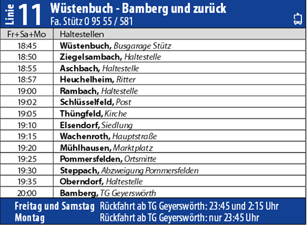 Sandkerwa Express Bus Shuttle Service Schlüsselfeld Bamberg 2014 Haltestellen Fahrzeiten