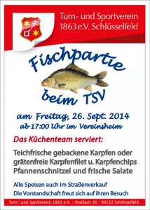 Fischpartie 2014 TSV Schlüsselfeld Vereinsheim Karpfen Salate Fischchips Karpfenfilet