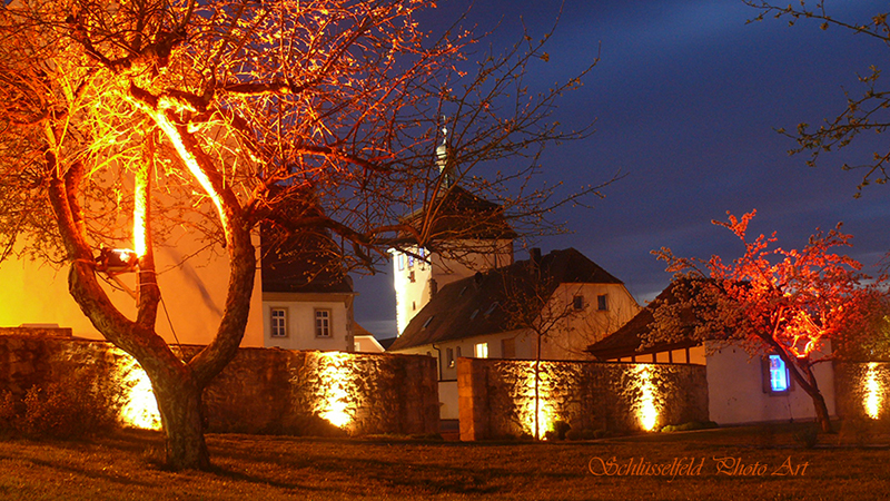 Stadttor Schlüsselfeld bei Nacht Stadtgarten